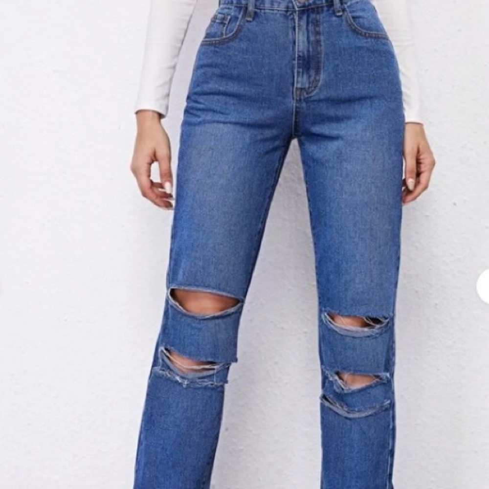 High Waisted Ripped Straight Jeans